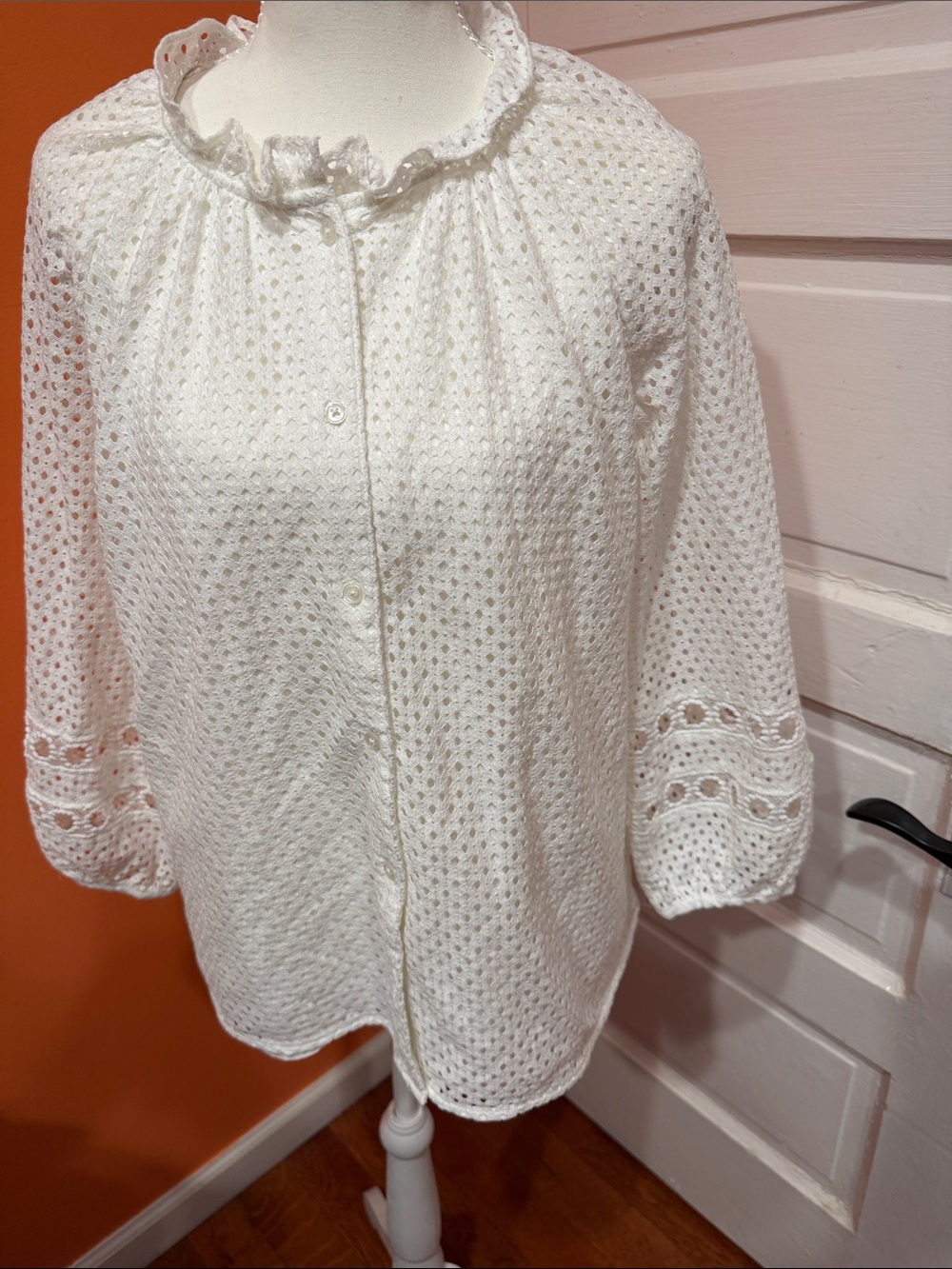 Banana Republic White Eyelet Ruffle-Neck Blouse